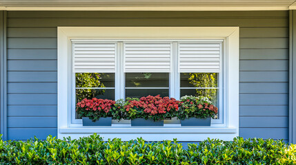 Naklejka premium Beautiful window with flower boxes showcasing vibrant blooms against a modern gray house exterior on a sunny day