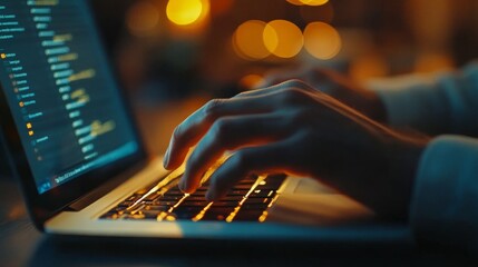 Person Typing on Laptop with Code Visible on Screen