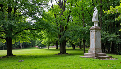Obraz premium St. Patrick statue on a pedestal surrounded by lush greenery in a serene park setting