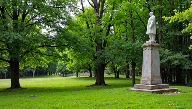 St. Patrick statue on a pedestal surrounded by lush greenery in a serene park setting