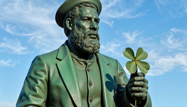 Bronze statue of St. Patrick holding a four-leaf clover against a bright blue sky