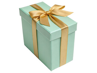 Tall Mint Green Gift Box with Gold Satin Ribbon on Transparent Background