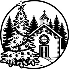 Christmas card with Christmas tree and gifts with Christmas decorating ideas with Christmas tree and church for happy ' Christmas Day ' greetings 