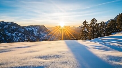 Obraz premium Mountainous Sunset with Snow-Covered Landscape and Sun Rays