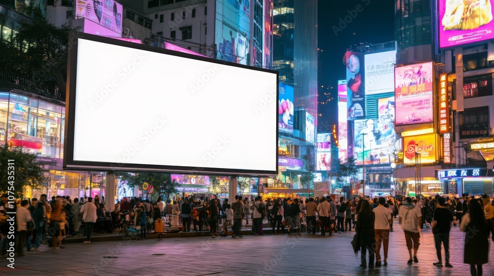 Aufkleber a large, blank billboard is illuminated in a city at night. the billboard stands in front of several