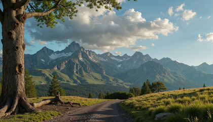 Naklejka premium Stunning mountain landscape with a winding path and a majestic tree under a blue sky