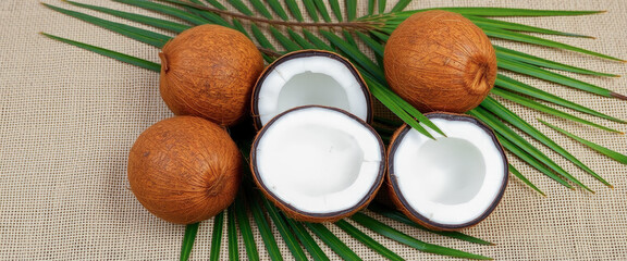 Tropical composition, flatlay: six coconut halves on burlap with a background of lush palm leaves