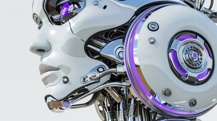 Robot face in white and purple, close up with details, banner.