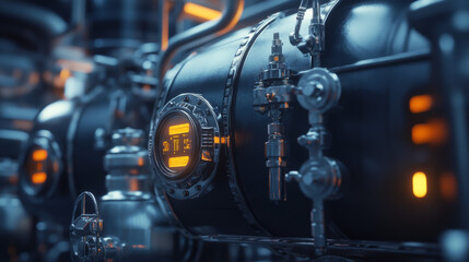 Fototapeta premium Detailed close-up of industrial gas tanks with valves and pipes