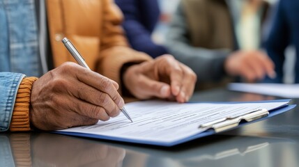 Person's Hand Signing a Document on a Clipboard