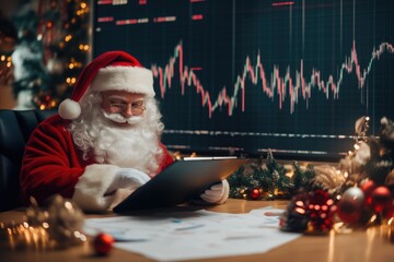 Santa Claus Managing Holiday Investments at a Large Desk