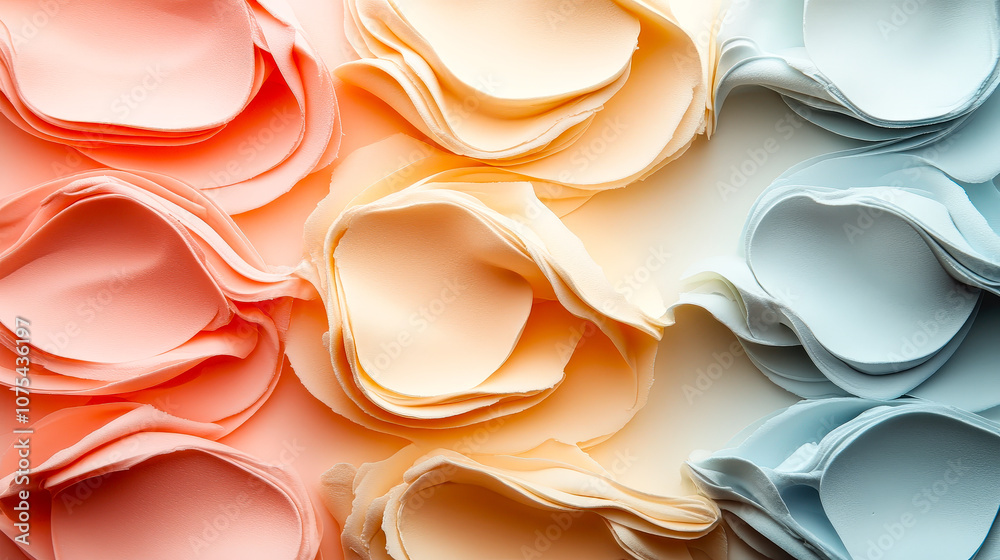 Poster Delicate layers of petals in coral, cream, and blue create a striking visual effect, emphasizing texture and color harmony in artistic composition
