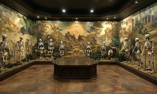 A room featuring skeletons against a painted landscape backdrop.