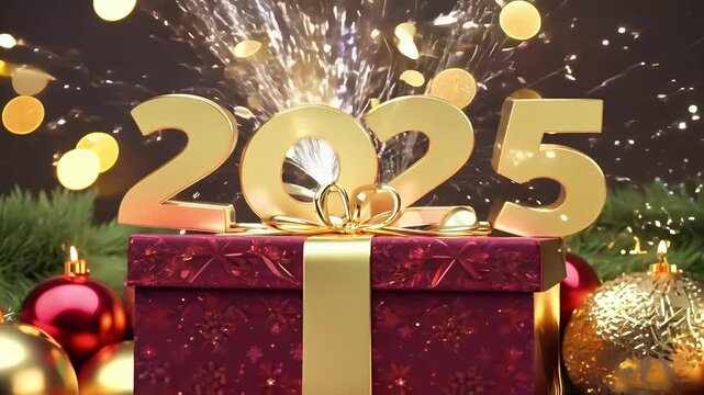 beautifully wrapped gift box featuring ribbon festive Christmas decorations 4k celebrating New Year 2025 perfect Year&rsquo;s Eve card brochure greeting message ample space personalized note three