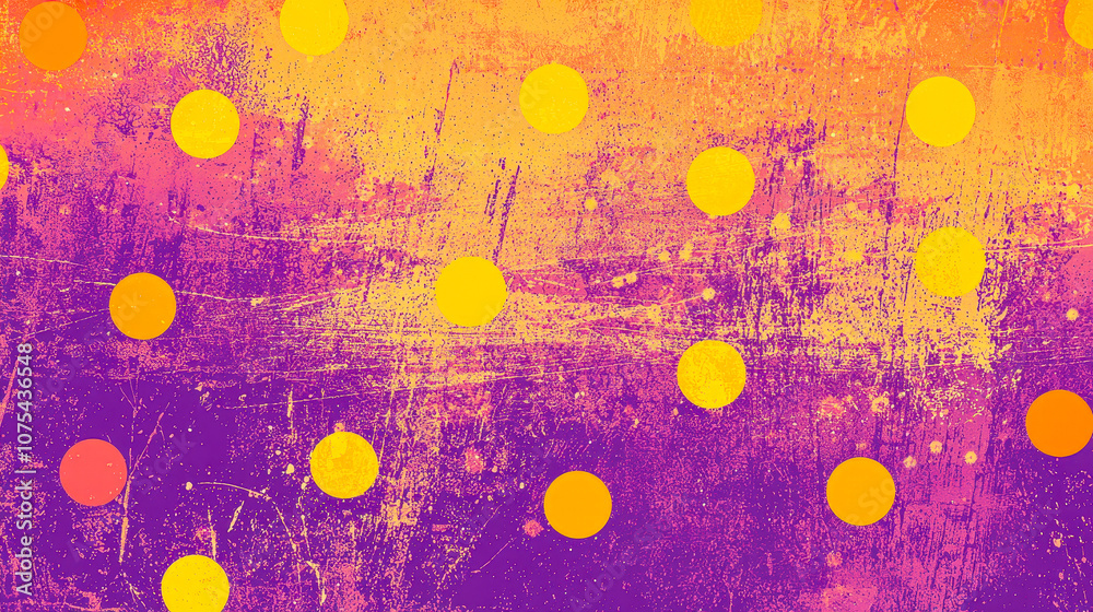 Poster colorful abstract design showcases scattered yellow dots against a rich purple and orange background