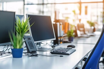 Modern Office Workspace with Computer, Keyboard, and Desk Accessories