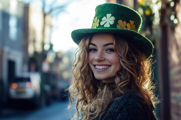 A smiling woman wearing a green hat with shamrocks poses on a sunny street decorated for St. Patrick's Day celebrations. Generative AI