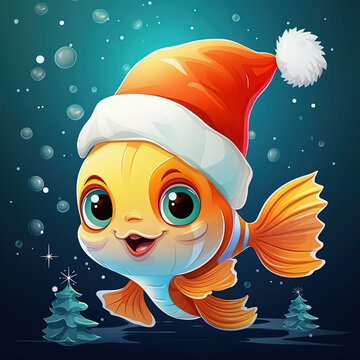 Cheerful sweet little fish with Santa hat