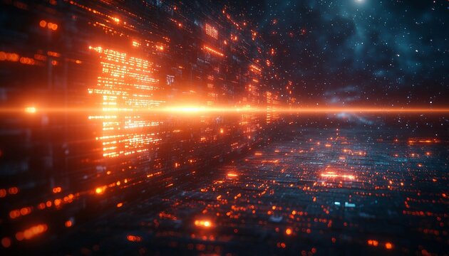 The Digital Fortress, high-tech digital fortress protecting a company's sensitive data. Show a glowing, impenetrable wall of encryption, firewalls, 