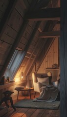 Cozy Attic Reading Nook with Ambient Lighting for Relaxation and Comfort