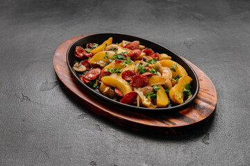 Savory roasted potatoes with sausage and herbs, served on a rustic wooden platter