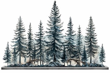 Obraz premium Majestic Evergreen Forest with Snow-Capped Pines and Rocky Terrain, Perfect for Nature Illustrations, Seasonal Decor, and Outdoor Adventure Themes