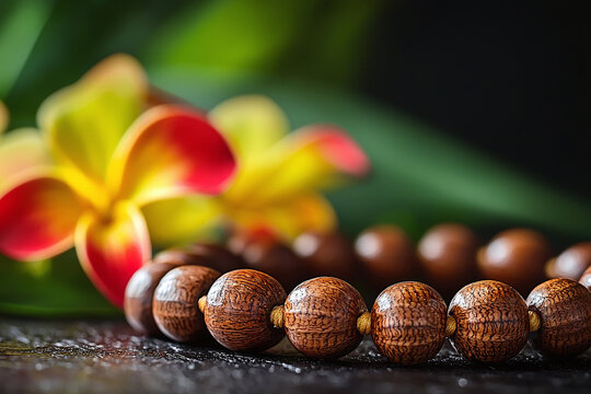 a close-up of a kukui nut necklace, representing Hawaiian culture and tradition.