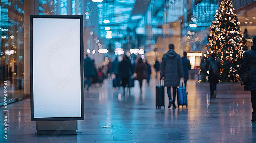 Poster An empty digital billboard in an airport terminal with passengers walking and a decorated Christmas tree in the background.