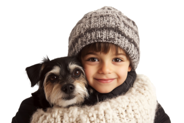 Heartwarming of child happy face as they snuggle with tiny, lovable puppy dog isolated on transparent png background.