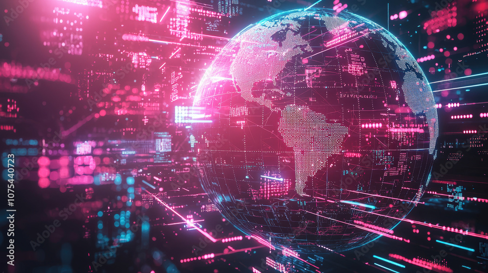 Poster The Earth is showcased at the center, surrounded by glowing data streams and digital elements, creating a high-tech atmosphere