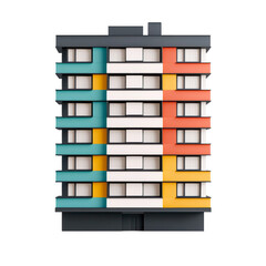 3D modern apartment building facade with colorful geometric patterns in teal, yellow, and orange. Symmetrical design with a vibrant, contemporary style. Isolated on transparent background, png.