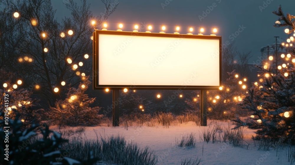 Aufkleber a blank billboard stands prominently in a snowy field, surrounded by evergreen trees adorned with gl
