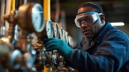 Focused worker inspecting machinery in a factory environment.