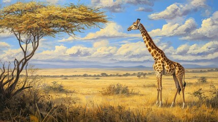 Obraz premium Giraffe in the African Savanna, Oil Painting