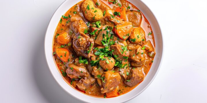 Maafe on a white background, West African peanut stew, Creamy and savory dish with vegetables and meat, Clean and minimalist presentation, copy space