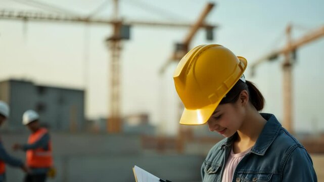 A construction site manager examines building plans as workers operate machinery during a serene sunset at a busy urban site