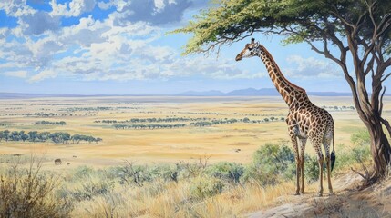 Fototapeta premium Giraffe Standing Tall on Savanna Landscape