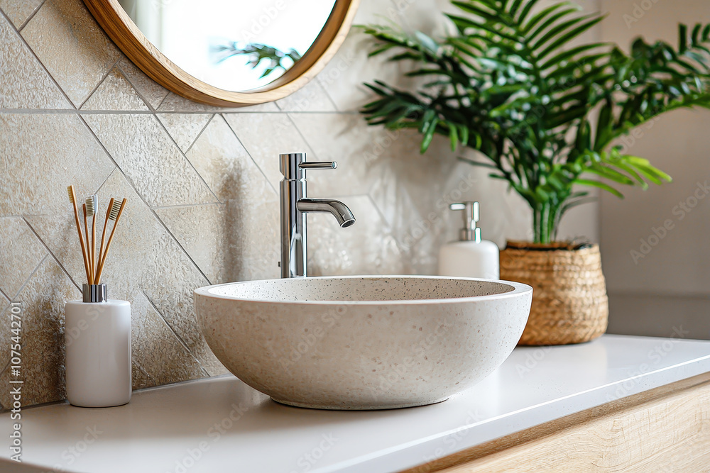 Poster a sleek, modern bathroom sink is complemented by natural elements, creating a refreshing and invitin