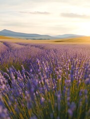 Obraz premium Endless rows of lavender stretch under the soft glow of sunrise, creating a serene landscape