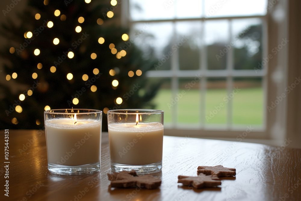 Poster two candles illuminate a wooden table, accompanied by christmas cookies, with a decorated tree in th