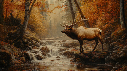 Elk in Autumn Forest by Tranquil Stream, Wildlife and Nature Photography