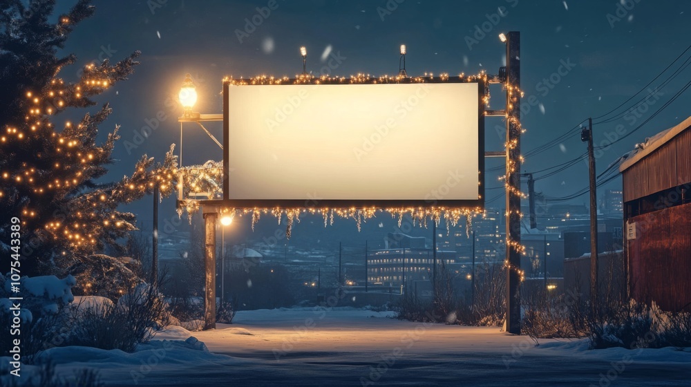 Aufkleber a blank billboard is situated on a snowy street at night. it is adorned with strings of white lights