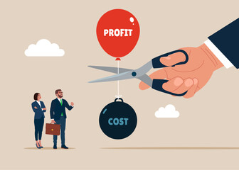 Tiny business team and giant hand uses scissors to cut  heavy cost burden and let profit run. Modern vector illustration in flat style. 