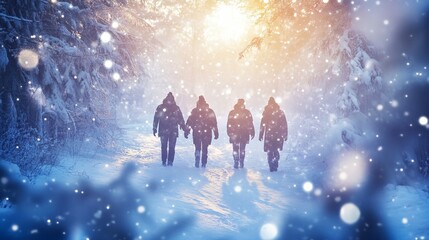 Group of friends on a snowy adventure, seen from behind, walking through a magical winter scene