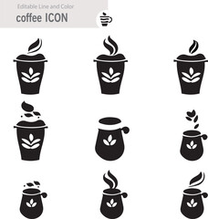 Coffee icon collection - vector outline illustration and silhouette