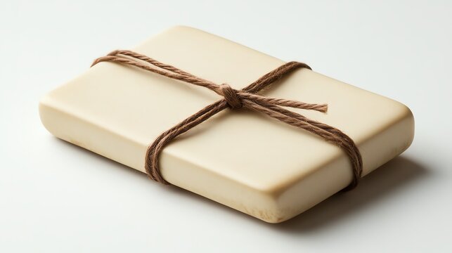 Blank beige tag with rounded corners, tied with brown string isolate white background