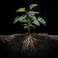 An image showing a plant both above and below the ground, with its green leaves and stem visible above and its roots extending into the soil below 