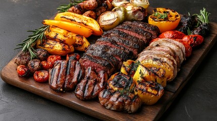 Grilled Meats and Vegetables on a Wooden Cutting Board