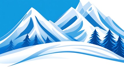 Snowy Mountains and Fir Trees in a Blue Sky