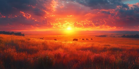 Fototapeta premium A scenic view of a golden sunset over a grassy field with a few cows.